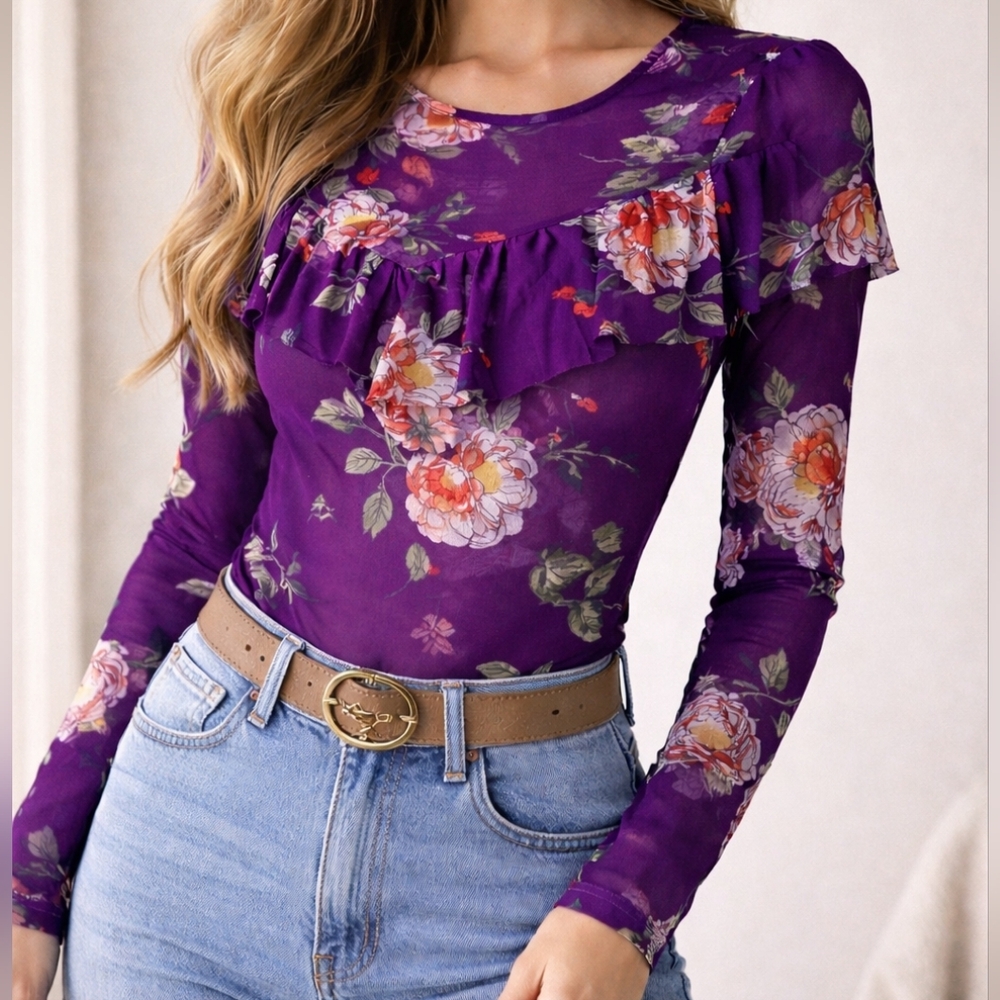 NWT Haute Monde Sheer Floral Blouse Top M Purple Romantic Ruffle Lightweight - Picture 10 of 10